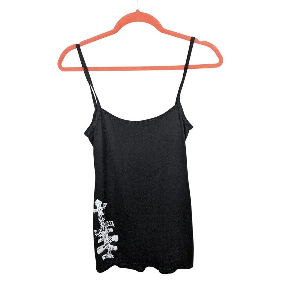 Loba Womens XS Black Cotton Gothic Graphic Spaghetti Strap Camisole Tank Top